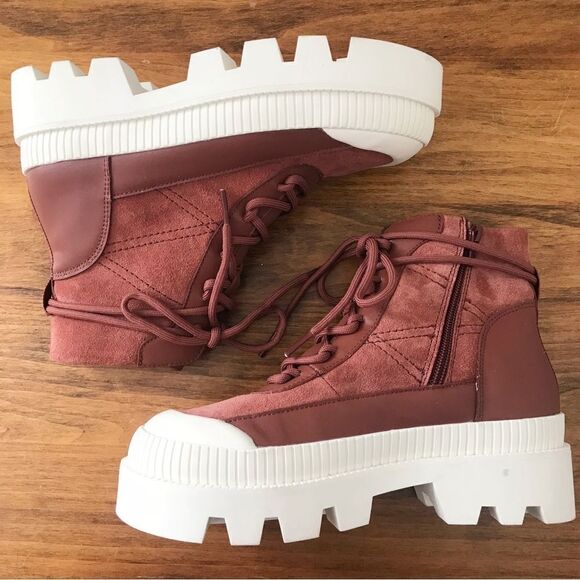 GIANNI BINI Rust Red Leather Lug Sole‎ Platform Bootie Sneaker High Top Size 6.5 - Picture 9 of 14